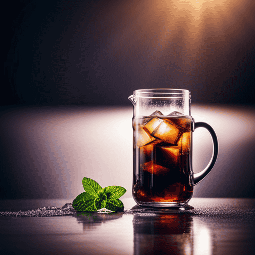 An image showcasing a glass pitcher filled with rich, dark cold brew coffee, gently cascading over ice cubes