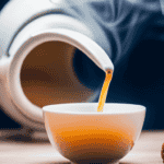 An image showcasing a porcelain teapot pouring golden oolong tea into a delicate teacup
