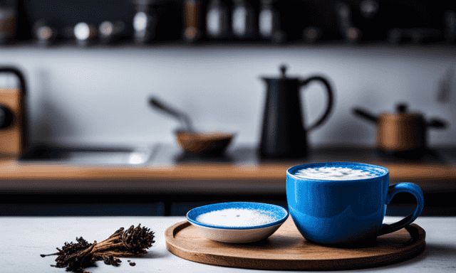 An image of a stylish, minimalistic kitchen counter with a vibrant blue and white porcelain cup filled with a steaming chicory root latte, complemented by a rustic wooden serving tray with crushed chicory roots neatly arranged beside it