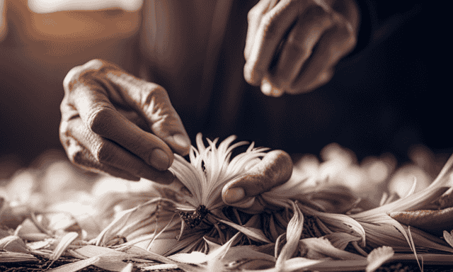 An image showcasing the step-by-step process of extracting fibers from chicory root: a close-up of hands gently peeling the root, followed by a detailed shot of the fibers being carefully separated, ending with a pile of pristine chicory fibers