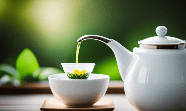 An image showcasing a serene tea ceremony: a delicate porcelain teapot pouring steaming golden Oolong tea into a dainty cup, set against a backdrop of fresh green tea leaves and a scale
