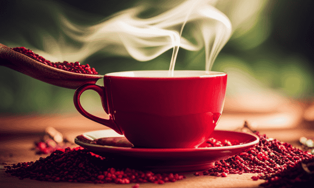 An image of an elegant hand delicately pouring steaming rooibos tea into a vintage teacup, with the vibrant red hue contrasting against a backdrop of lush green rooibos leaves