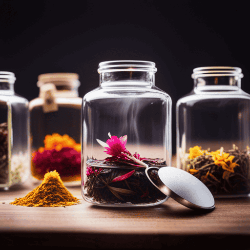An image featuring a diverse array of vibrant herbal tea leaves and blossoms, showcased in clear glass jars with handwritten labels