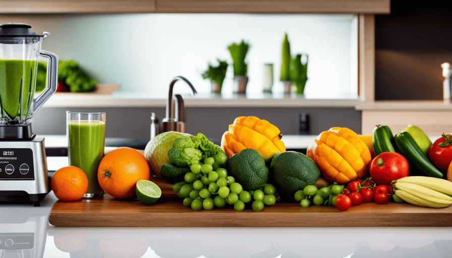 An image that showcases a vibrant, colorful kitchen countertop filled with an assortment of fresh, organic fruits and vegetables
