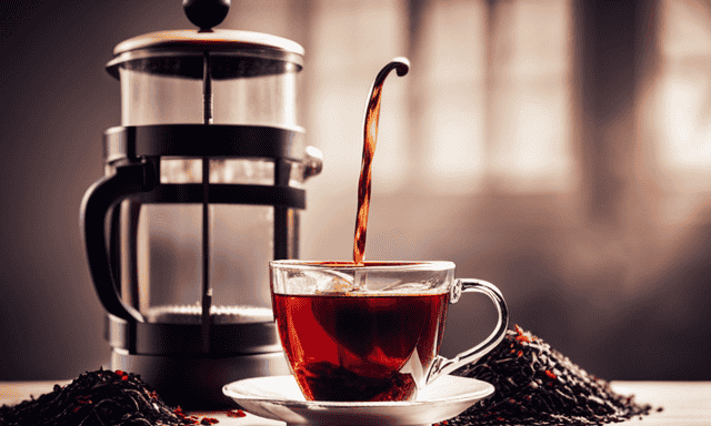 An image showcasing a serene morning scene with a French press nestled on a wooden table, a steaming cup of vibrant red Rooibos tea being poured, and the tea leaves gracefully floating in the brew