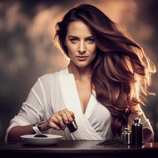 An image showcasing a woman pouring a warm, aromatic herbal tea rinse onto her luscious, flowing hair
