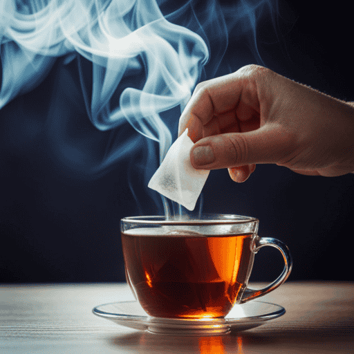 An image featuring a person gently placing a herbal tea bag into a steaming cup of hot water
