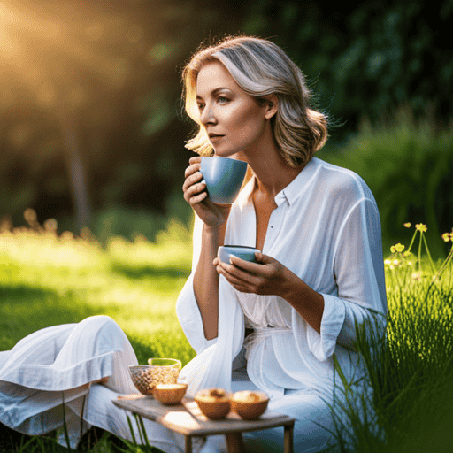 An image showcasing a serene morning scene: a woman gently sipping Arbonne Herbal Detox Tea while surrounded by lush greenery, basking in the warm sunlight, invoking a sense of rejuvenation and vitality