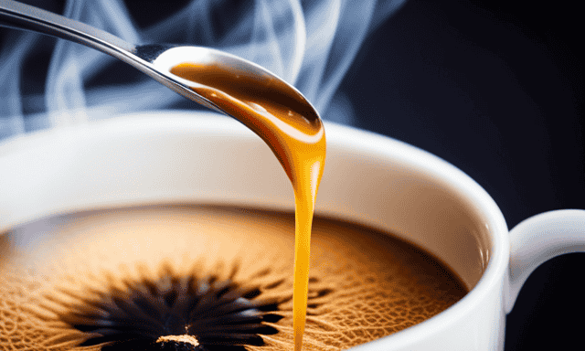 An image illustrating a cup of hot coffee being poured over a spoonful of chicory root fiber, capturing the golden-brown color of the chicory, the steam rising from the cup, and the graceful flow of coffee