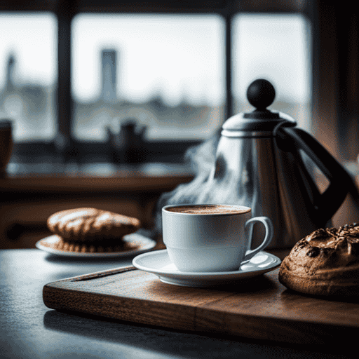 An image showcasing a rustic kitchen counter adorned with a steaming cup of rich, aromatic coffee brewed from chicory root, accompanied by a plate of freshly baked, golden brown chicory-infused pastries