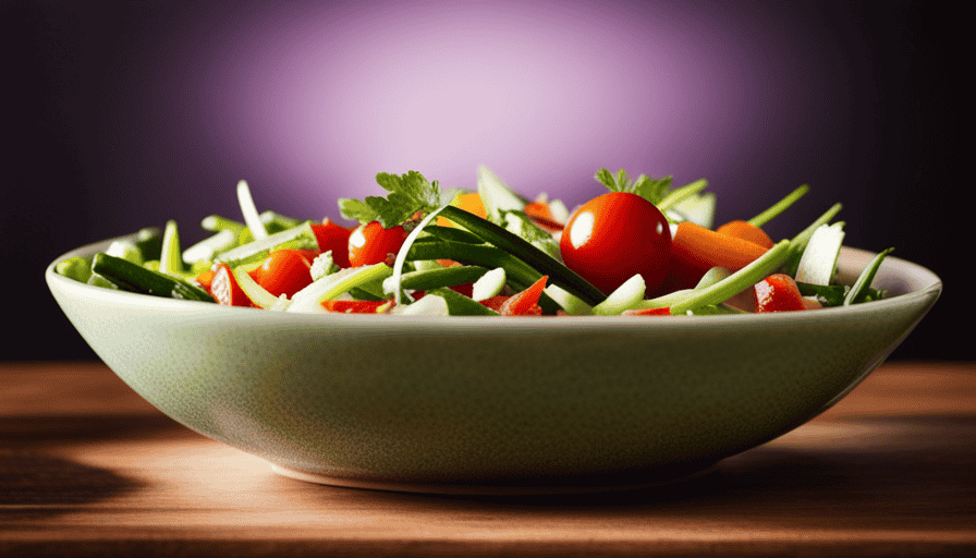 An image capturing a vibrant salad bowl filled with assorted raw vegetables, marinated in coconut aminos