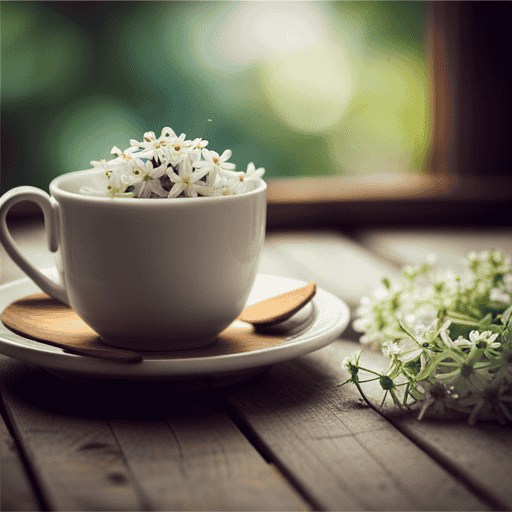 An image showcasing a serene scene with a delicate teacup filled with steaming elder flower tea