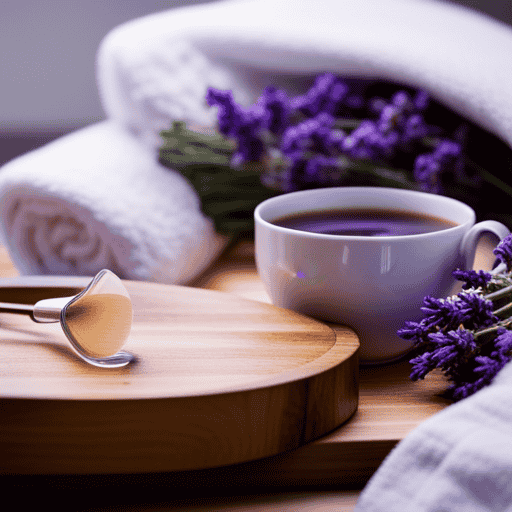 An image showcasing a serene bathroom with a cup of warm herbal laxative tea on a wooden tray beside a relaxing bathrobe and a bundle of calming lavender, inviting readers to explore the benefits of herbal laxative tea