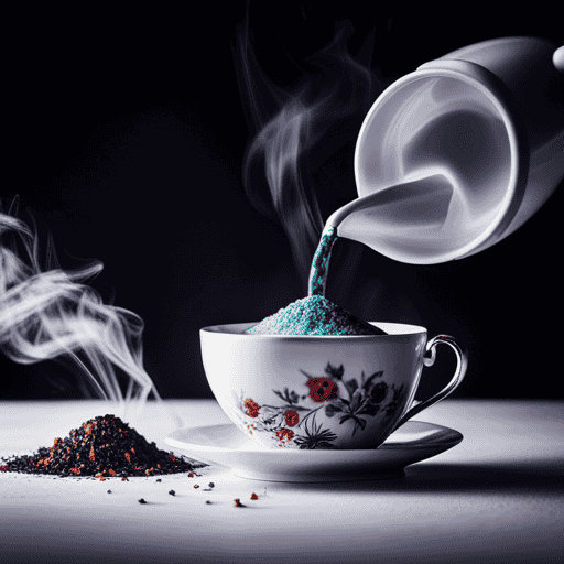 An image showcasing a serene scene of a teapot pouring a vibrant mix of finely ground herbal powders into a delicate porcelain cup, as steam dances gracefully above, evoking the allure of brewing perfect herbal tea