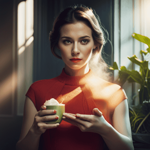 Nt image of a woman holding a steaming cup of herbal tea, surrounded by fresh ingredients like ginger, lemon, and mint