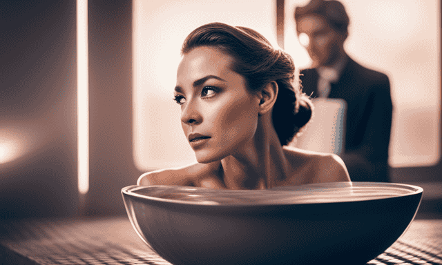 An image showcasing a serene bathroom scene with a woman applying a soothing Rooibos tea-infused face mask