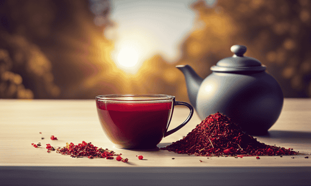 An image showcasing a serene morning scene with a cup of vibrant red Rooibos tea, surrounded by a variety of nutrient-rich fruits and a measuring tape subtly capturing the idea of weight loss