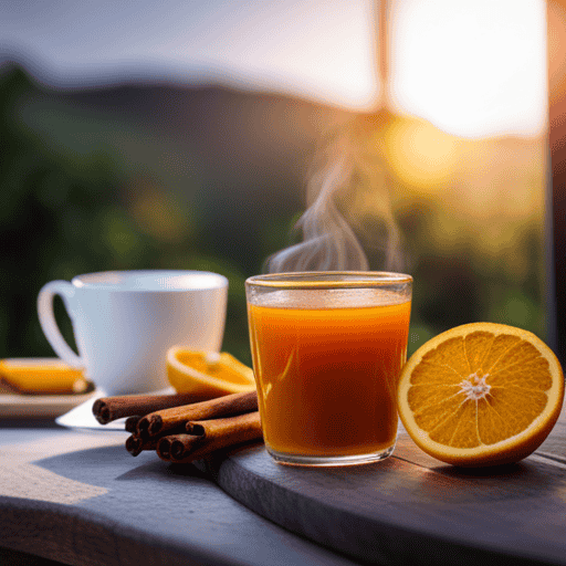 An image showcasing a serene morning scene with a steaming cup of golden turmeric tea and a sprinkle of fragrant cinnamon on a plate of freshly sliced fruits, inspiring readers to harness the power of these spices for weight loss
