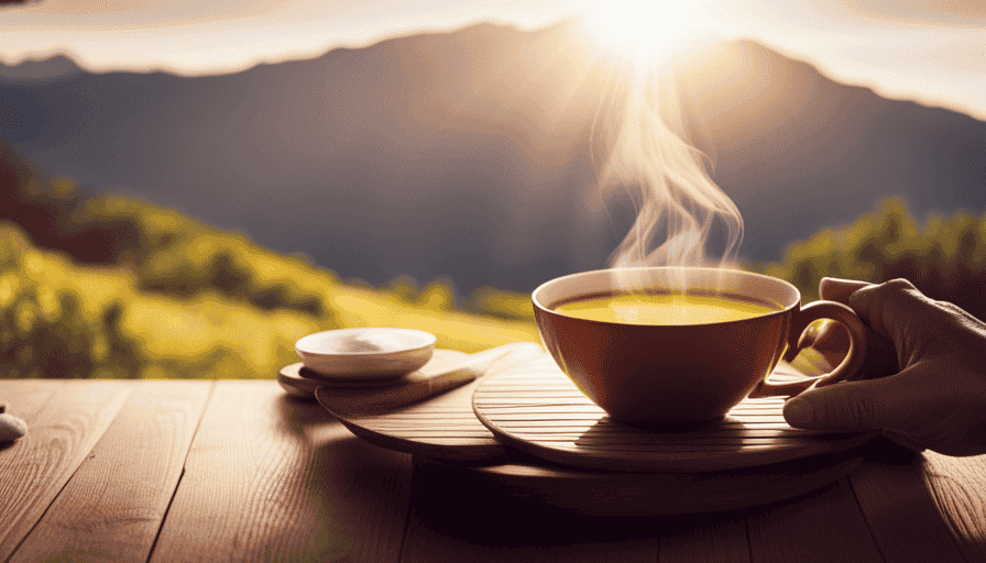 An image depicting a warm cup of golden turmeric tea, gently steaming, surrounded by a serene atmosphere