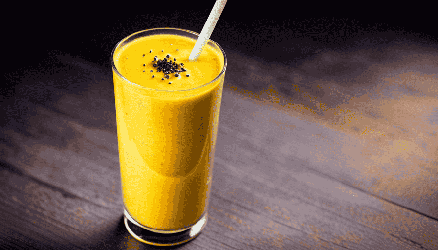 An image showcasing a vibrant yellow turmeric smoothie in a clear glass, garnished with a sprinkle of black pepper and a slice of fresh lemon on the rim