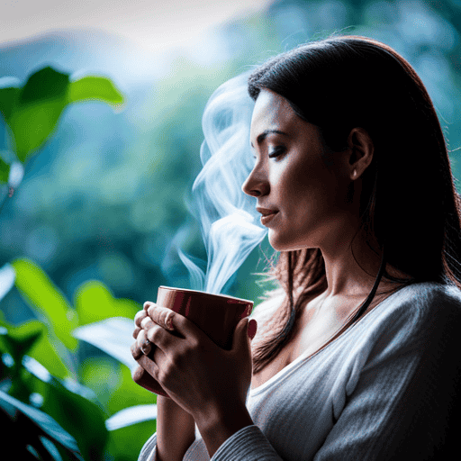 An image showcasing a serene morning scene with a woman sipping Yogi Detox Tea, surrounded by lush greenery, as gentle steam rises from the cup, evoking a sense of rejuvenation and inner cleansing