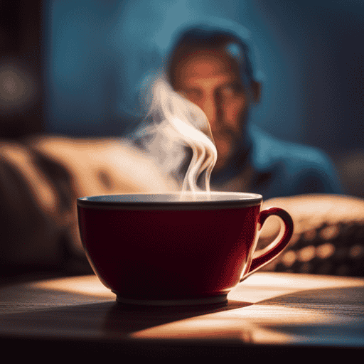 An image showcasing a serene scene: a warm cup of Yogi Tea steaming gently, aromatic spices swirling in golden liquid, a hand delicately holding the cup, and a peaceful backdrop of a cozy living room with soft lighting and plush cushions