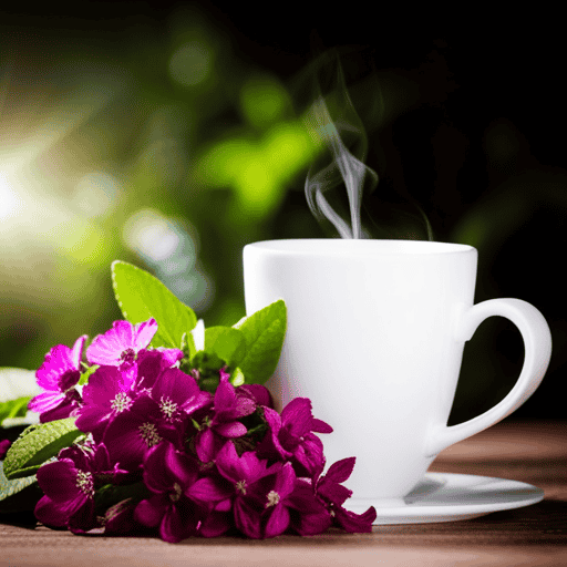 An image showcasing a steaming cup of True Essiac Herbal Tea, infused with vibrant hues of deep burgundy, emitting a comforting aroma