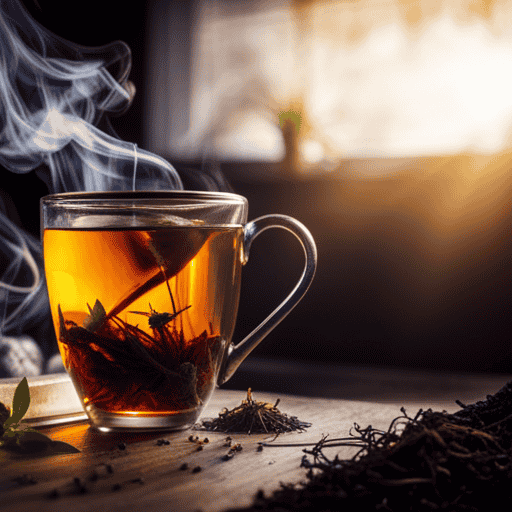 An image featuring a close-up shot of a steaming cup of Essiac herbal tea, surrounded by a vibrant array of dried herbs and roots, symbolizing the authenticity and potency of this renowned natural remedy