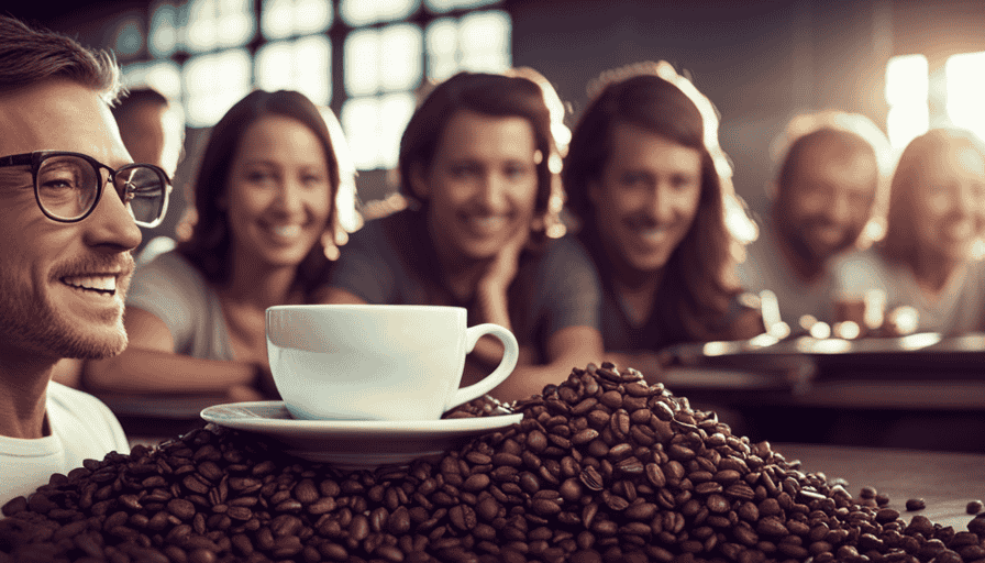 An image showcasing a vibrant coffee-themed T-shirt featuring a smiling cup of coffee with a mischievous expression, surrounded by comically oversized coffee beans and a group of friends laughing and sipping coffee in the background