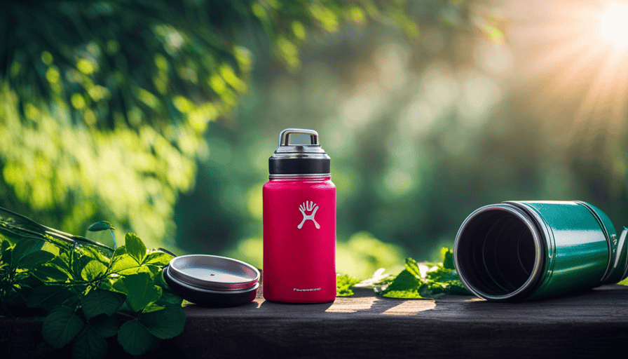 An image showcasing a stylish, vibrant Hydro Flask, adorned with unique patterns and colors, nestled amidst a lush green backdrop, highlighting its eco-friendly appeal and fashionable charm