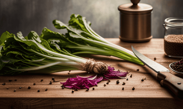 An image that showcases a rustic wooden cutting board adorned with a vibrant assortment of freshly harvested chicory roots and dandelion greens