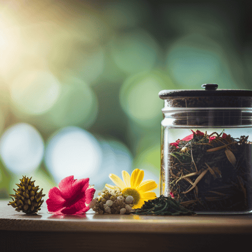 An image showcasing a serene, sunlit scene with a variety of colorful herbal tea leaves, such as chamomile, ginger, and hibiscus, neatly arranged alongside a pillbox containing Coumadin tablets