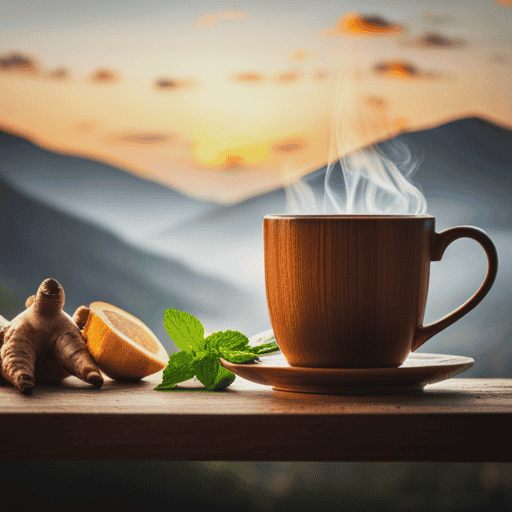 An image showcasing a steaming cup of herbal tea made from soothing chamomile, invigorating ginger, and refreshing mint leaves, all known for their potential benefits in alleviating symptoms of hypothyroidism