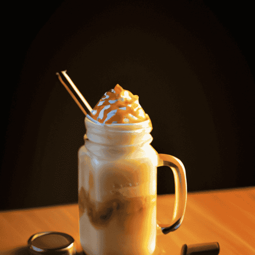 An image showcasing a tall glass filled to the brim with creamy iced cappuccino, crowned with a velvety layer of froth, delicately sprinkled with cocoa powder, and garnished with a perfect swirl of caramel drizzle