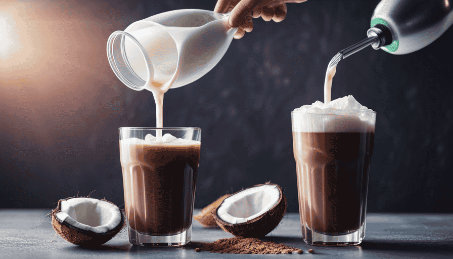 An image showcasing the step-by-step process of crafting a refreshing iced coconut milk latte: Pouring chilled coconut milk into a glass, gently mixing in brewed coffee, adding ice cubes, and sprinkling grated coconut on top