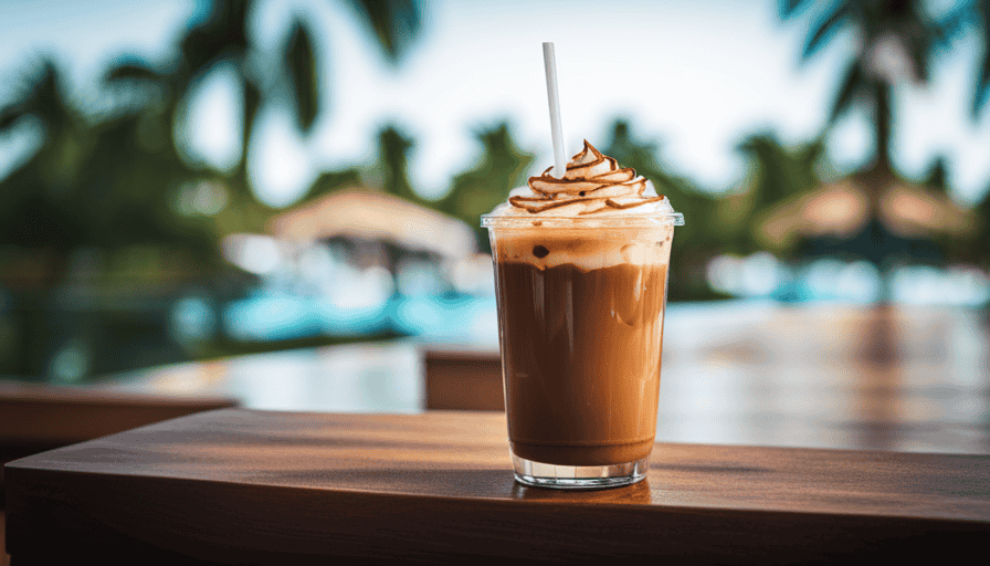 An image showcasing a vibrant iced coconut milk latte, beautifully decorated with customizable ingredients like caramel drizzle, cocoa powder, and a selection of flavored syrups, inspiring readers to indulge in their own personalized version