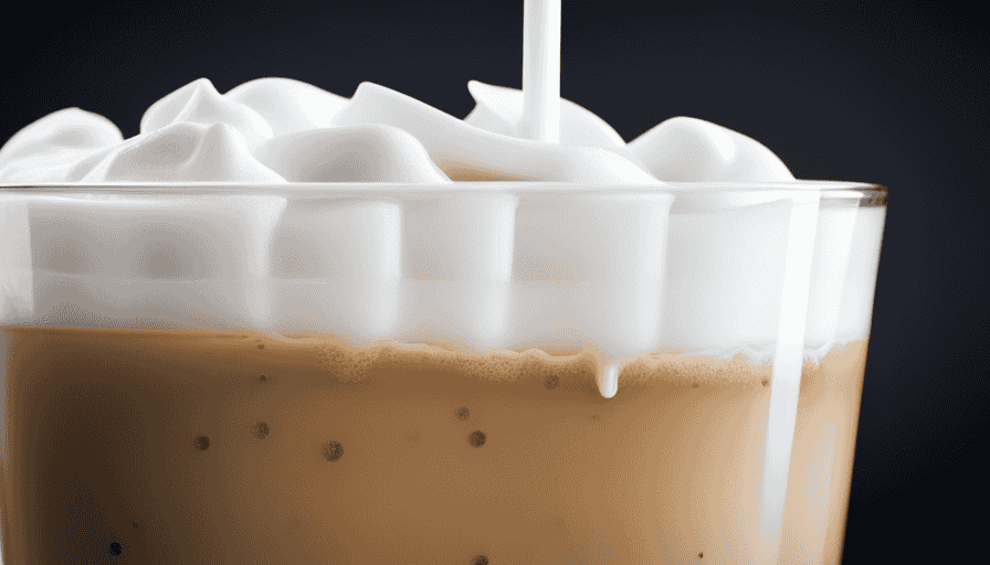 An image displaying a frosty glass filled with creamy iced coconut milk latte