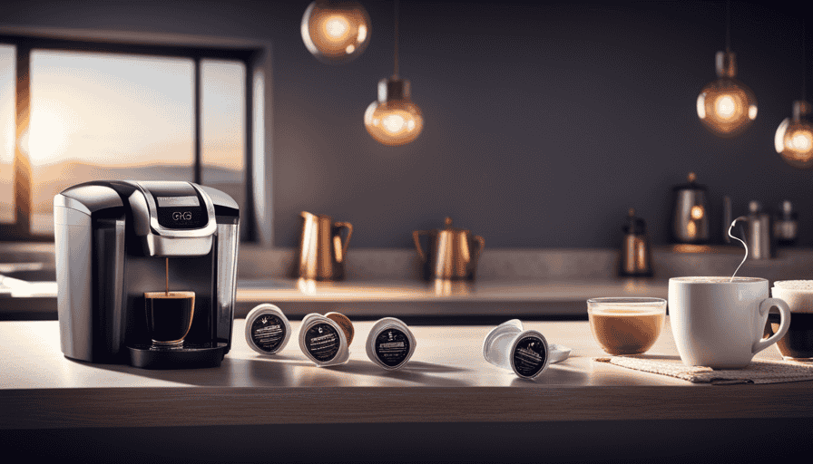 An image showcasing a sleek Keurig machine on a kitchen countertop, surrounded by various flavored coffee pods