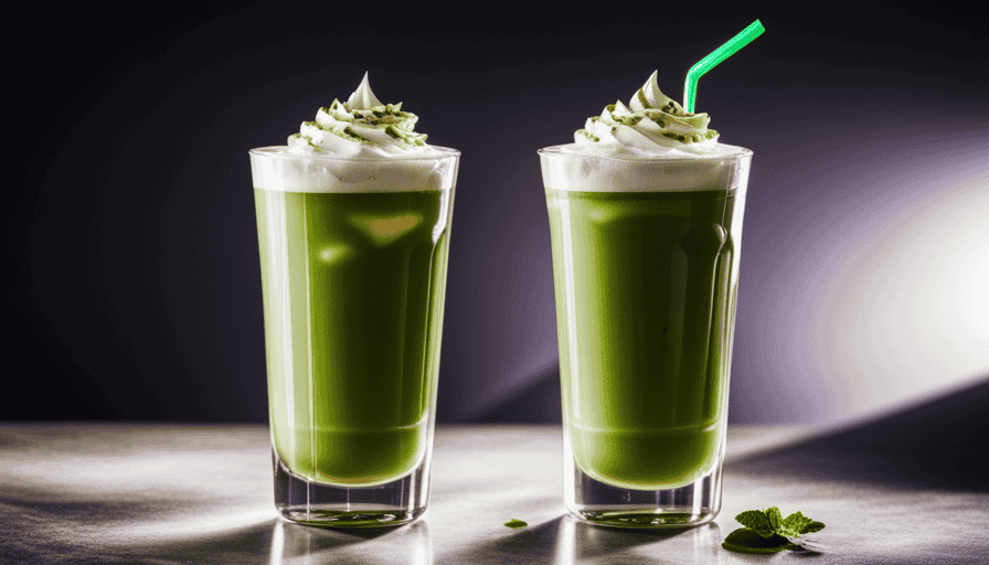 An image that showcases a frothy, vibrant green iced matcha latte in a clear glass, adorned with a delicate swirl of whipped cream, garnished with a sprinkle of matcha powder and a single mint leaf