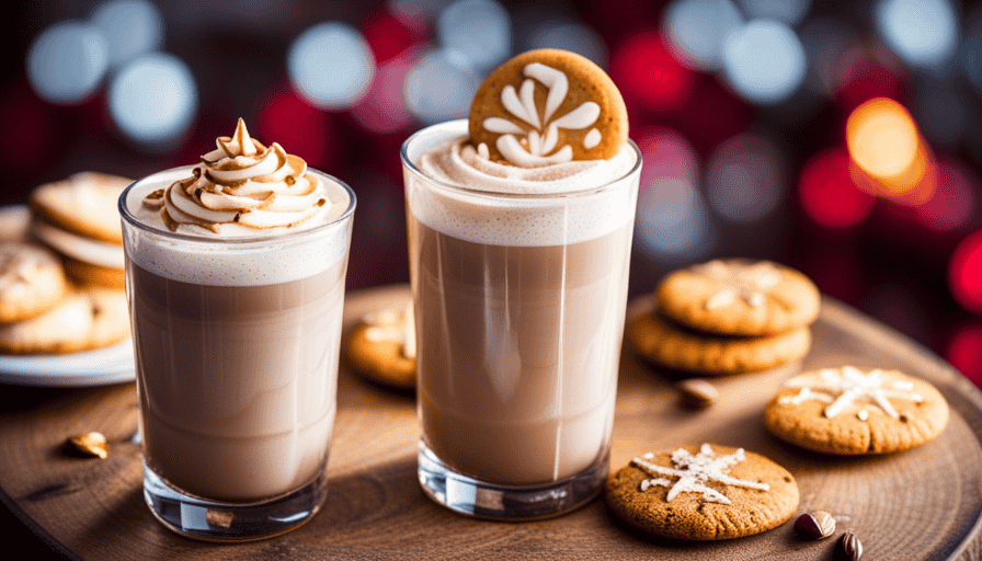 An image showcasing a stunning iced sugar cookie almond milk latte, garnished with crushed sugar cookies and drizzled with a swirl of creamy almond milk, evoking the essence of a joyous holiday celebration
