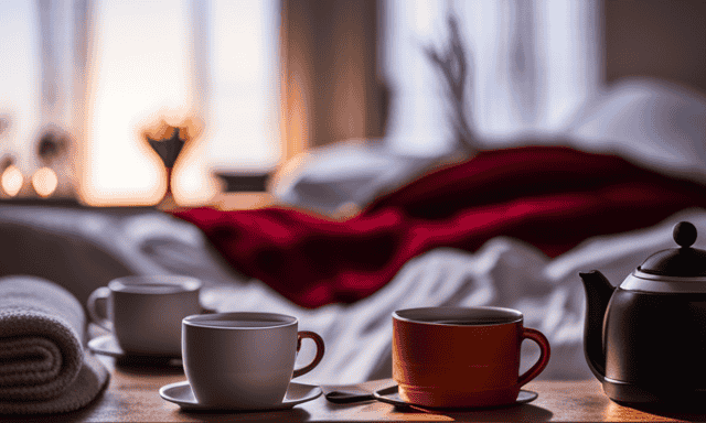 An image showcasing a serene bedroom scene with a cozy blanket, dimmed lights, and a tray of six steaming cups of rooibos tea, inviting readers to ponder the timing of consuming the recommended quantity