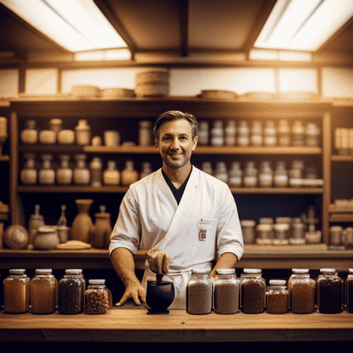 An image showcasing a cozy, rustic herbal store with wooden shelves adorned with neatly arranged jars of various herbal teas