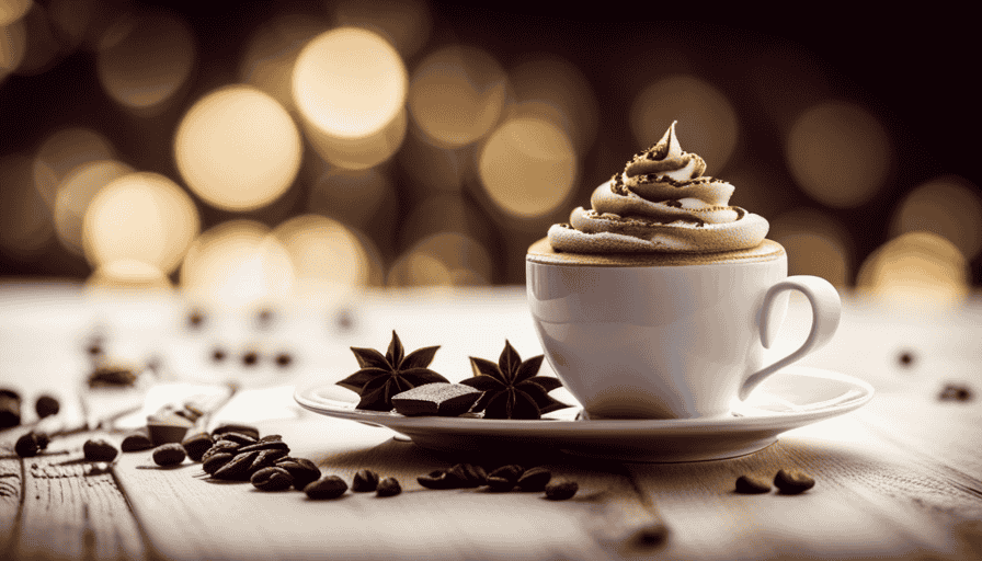 An image showcasing a frothy mochaccino in a delicate porcelain cup, adorned with a dusting of cocoa powder and a swirl of whipped cream, accompanied by a decadent piece of chocolate