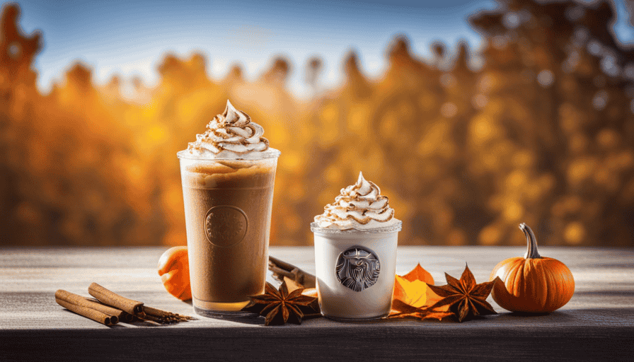 An image capturing the essence of autumn, with a frosty glass adorned with whipped cream and a sprinkle of cinnamon-sugar, crowned by a luscious amber-hued pumpkin spice Frappuccino