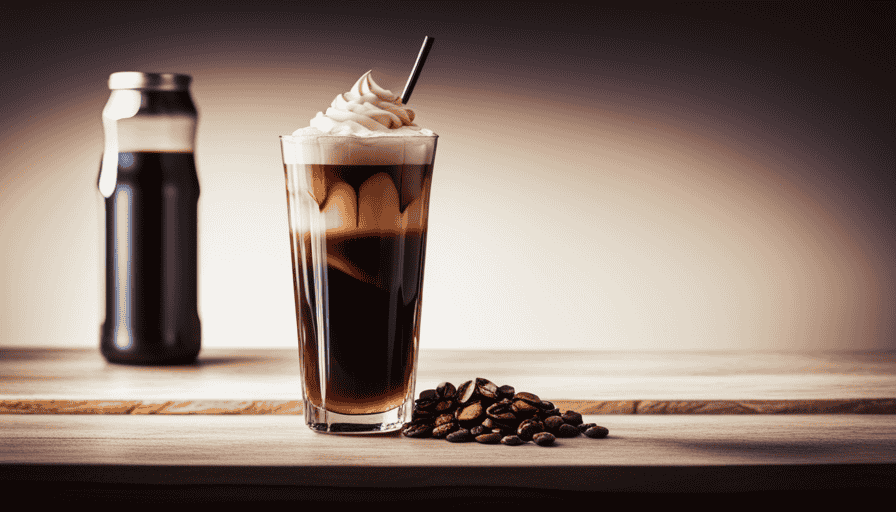 An image that showcases a tall glass filled with rich, dark cold brew coffee, cascading with velvety salted caramel cream