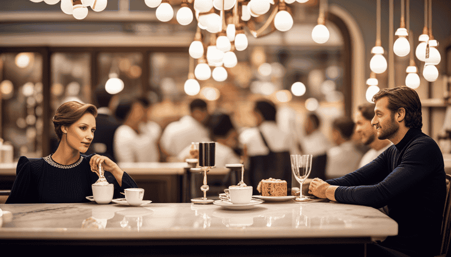 the essence of Vienna's coffee culture in an image: A cozy, elegant café adorned with ornate chandeliers and marble countertops, where baristas skillfully brew aromatic coffee, while patrons savor every sip in plush velvet chairs