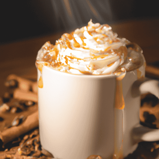 -up shot of a steaming mug filled with a rich, velvety white chocolate mocha topped with whipped cream and drizzled with a golden toasted white chocolate sauce; surrounded by scattered cocoa beans and a sprinkle of cinnamon