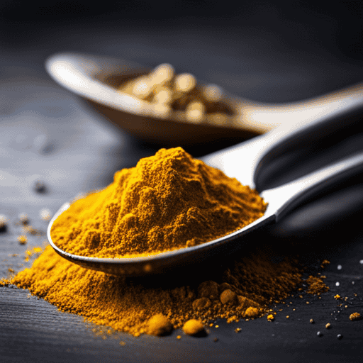 An image depicting a close-up shot of a spoon filled with two teaspoons of vibrant yellow turmeric powder, surrounded by various spices and herbs, highlighting the question of whether this dosage is excessive or safe