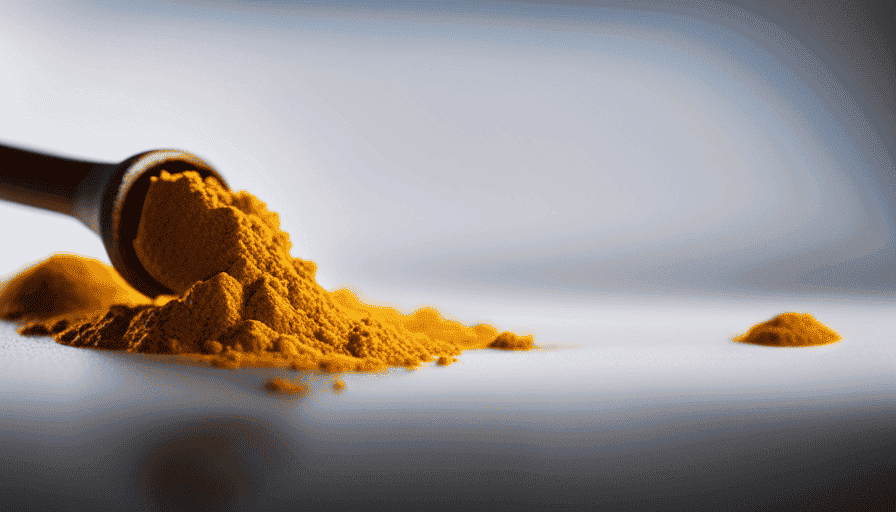 An image showcasing a close-up shot of a tablespoon filled with bright yellow turmeric powder, as it spills onto a white surface, capturing the intensity and potential abundance of this daily dose