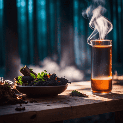 An image showcasing a rustic wooden table, adorned with a steaming cup of chaga tea